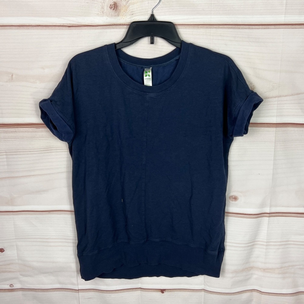 Green Tea Top Womens S Blue Short Sleeve Sweatshirt Round Neck Solid Pullover